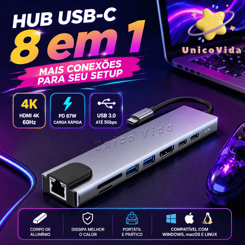 🚀 Hub USB C 8 em 1 com HDMI 4K PD 87W USB 3.0 Adaptador Multiporta para Notebook | UnicoVida