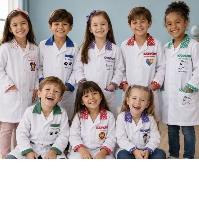 Kit jaleco infantil com touca e mascara.