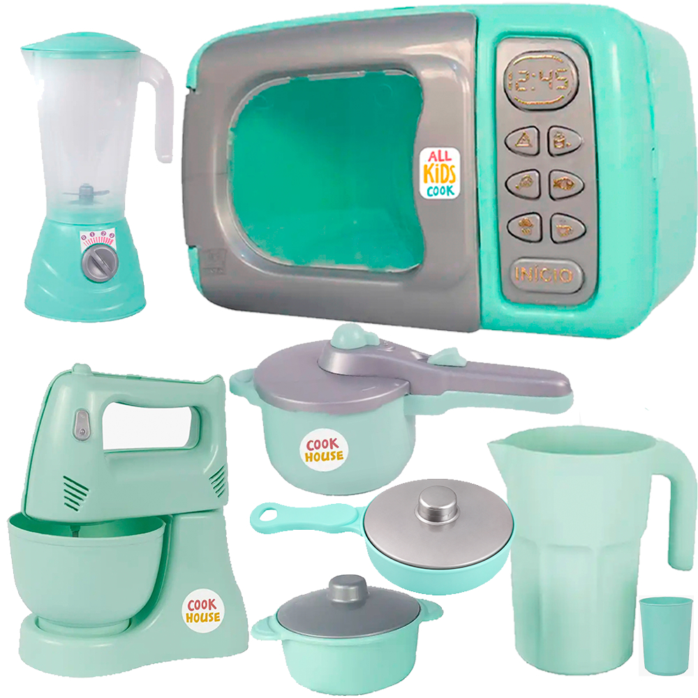 KIT COM 6 BRINQUEDO FAZ DE CONTA LIQUIDIFICADOR BATEDEIRA JARRA 2 PANELAS MICRO ONDAS VINTAGE