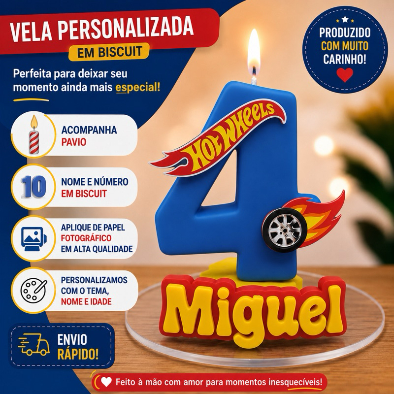 4. Vela Hot Wheels Personalizada com Nome e Idade | Topo de Bolo /Biscuit