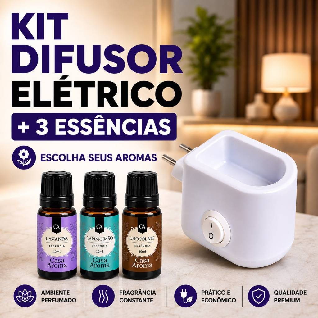 Imagem Kit 3 Essência Pura Super Concentrada para Aromatizador Ambiente + 1 Difusor Elétrico  Bivolt