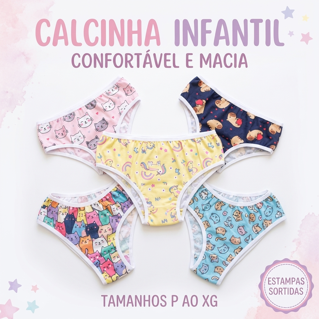 Calcinha Infantil Algodão Menina P M G GG XG Estampas Sortidas Confortável Macia 1 a 13 Anos Premium