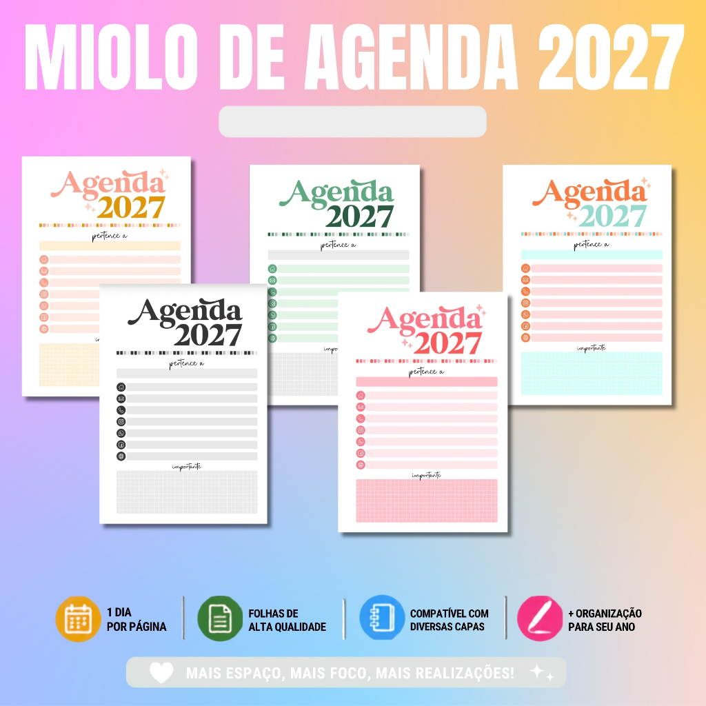 Miolos de Agenda 2027 - 2 Unidades /Com Capa - 1 dia por página - 2 dia por página - Diversas Cores - Encadernação