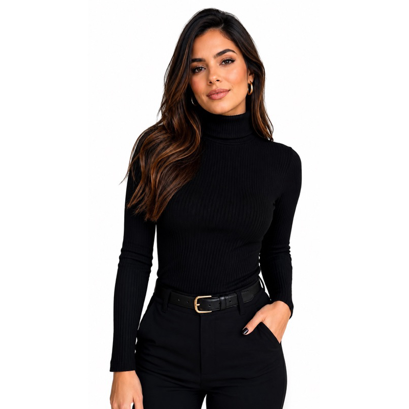 Blusa Feminina Canelada Algodão Cacharrel Manga Longa Gola Alta Segunda Pele Premium Segunda Pele.