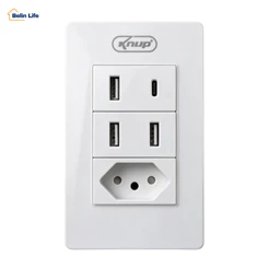 Placa de Tomada 10A com Porta USB e Type-C Knup Inmetro Anti-Chama