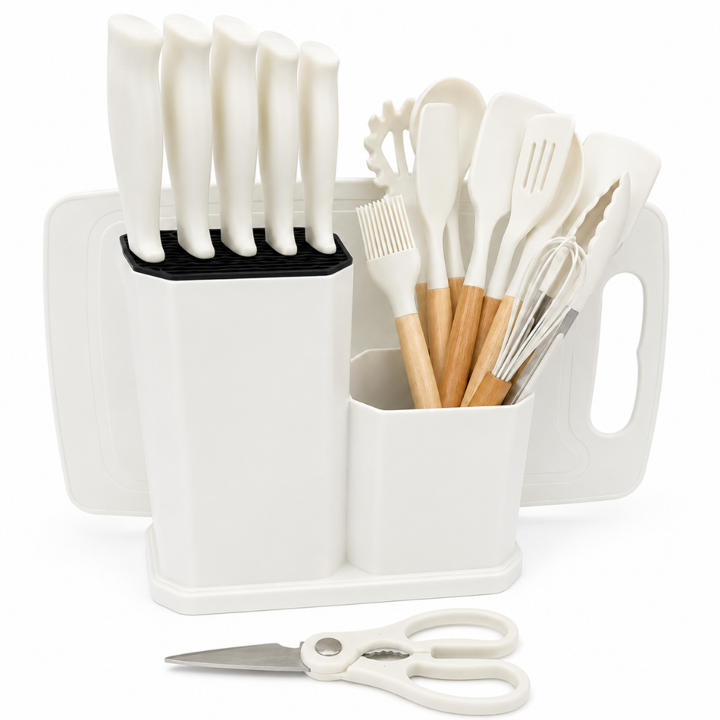 Kit Utensílios Cozinha 19 Peças Silicone com 5 Facas Tábua Tesoura e Suporte