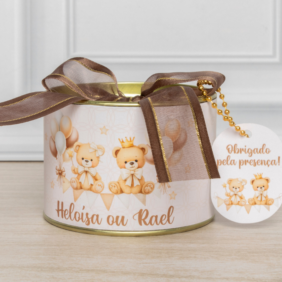 Kit Tubolata 7x5cm Personalizada Chá Revelação Ursinhos Marrom Maternidade Lembrancinha