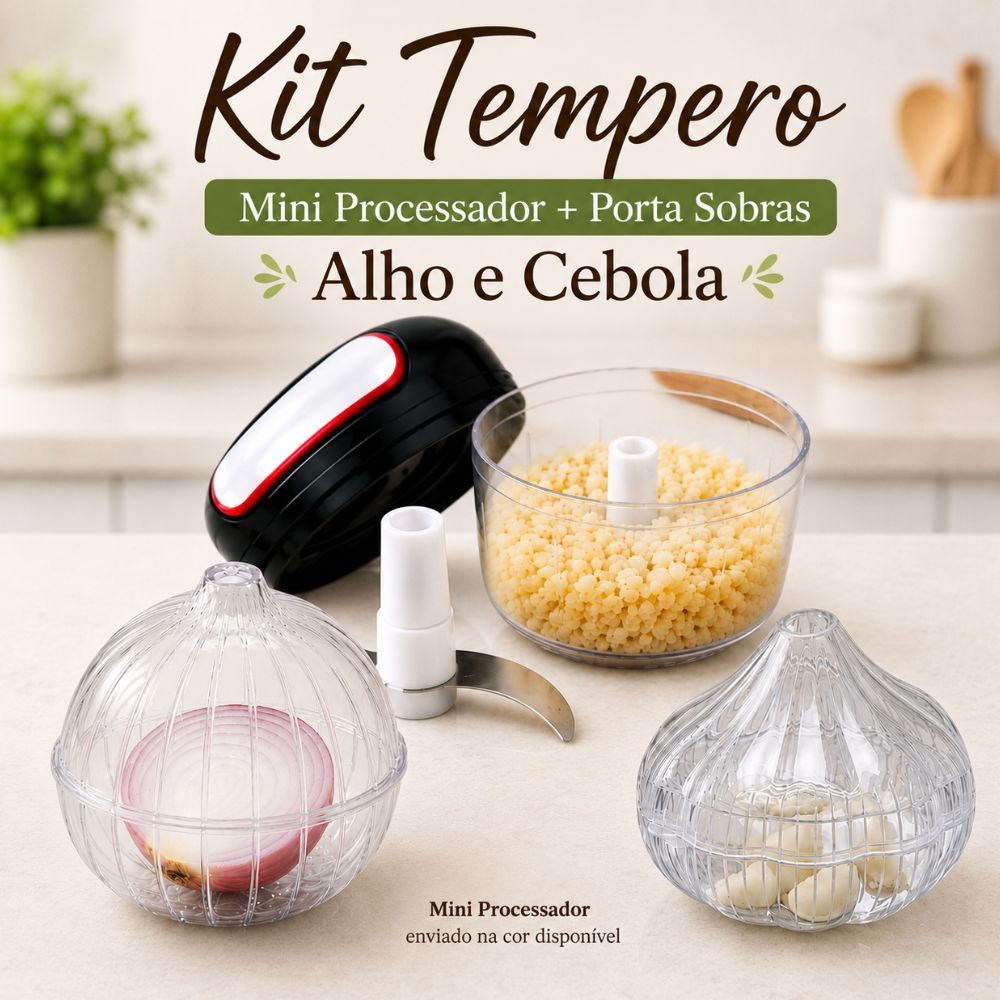 Kit Tempero Mini Processador Manual 170 ml + Pote Porta Sobras Alho e Cebola Cozinha Multiuso