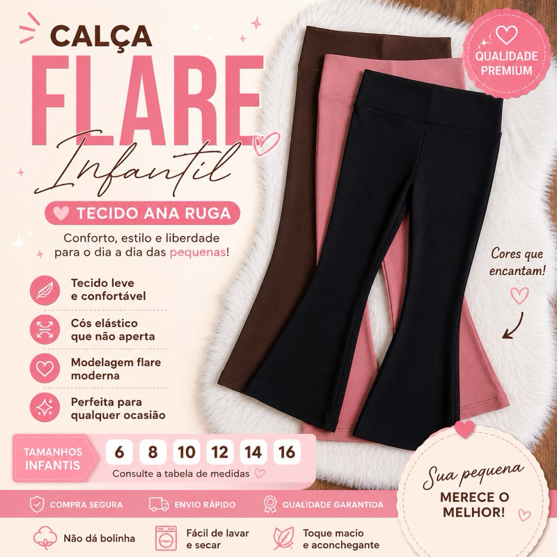 Calça Flare Infantil Menina Tecido Ana Ruga Tamanho 2 ao 16 - Confortável 💖