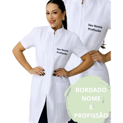 Jaleco Feminino Oxford Ziper, Manga Curta, Acinturado, Colorido + BORDADO SEU NOME E PROFISSÃO