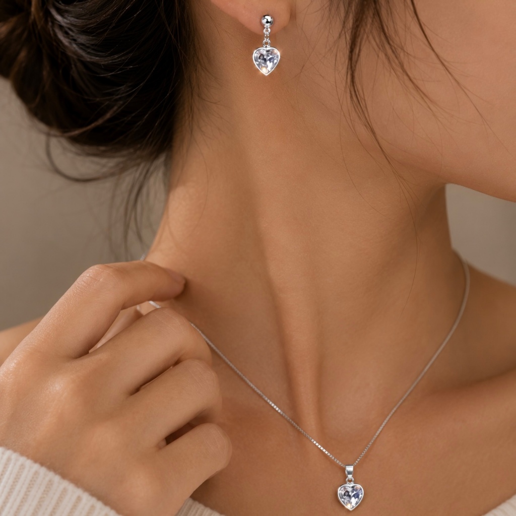 Conjunto Colar e Brinco Feminino Pingente Coração Brilhante Delicado Cor Prata