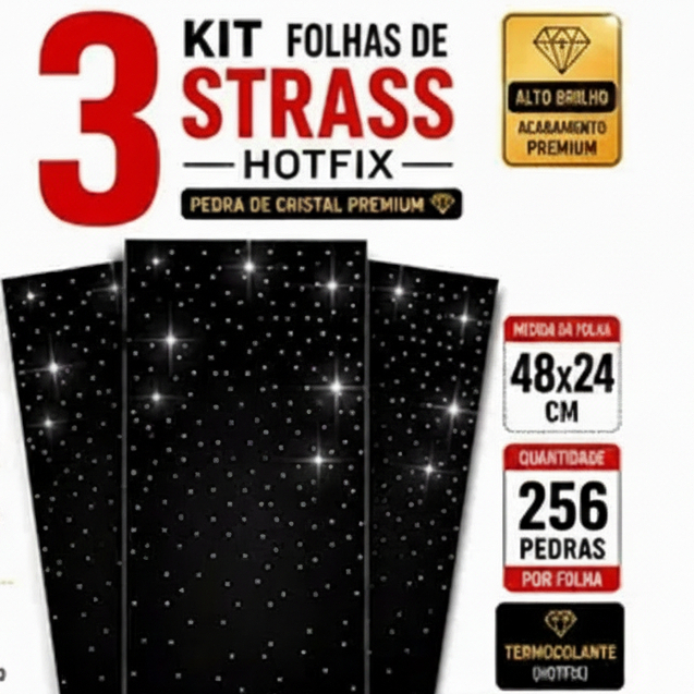 Kit 3 Cartelas Strass Salpicado Termocolante Hotfix | Brilho Intenso para Personalizar Roupas