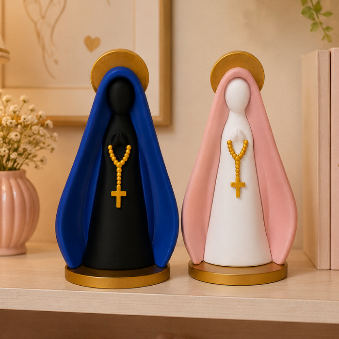 Imagem Nossa Senhora Aparecida 17cm Impressão 3D Decorativa Católica Decoração Religiosa Azul Rosa