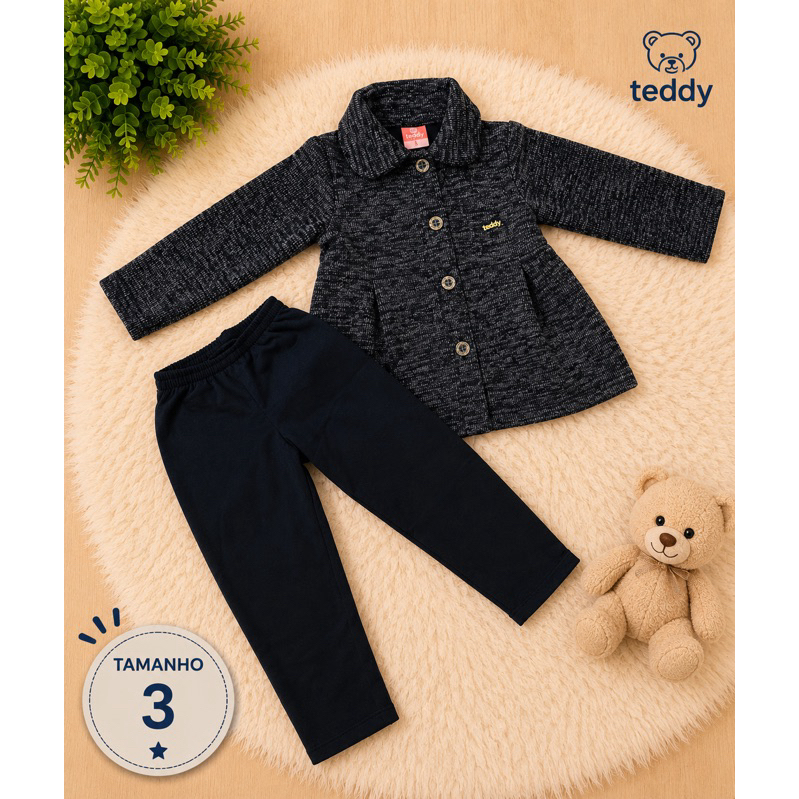 Conjunto Infantil Menina Casaco Teddy com Botões e Calça Inverno Menina Tamanho 3