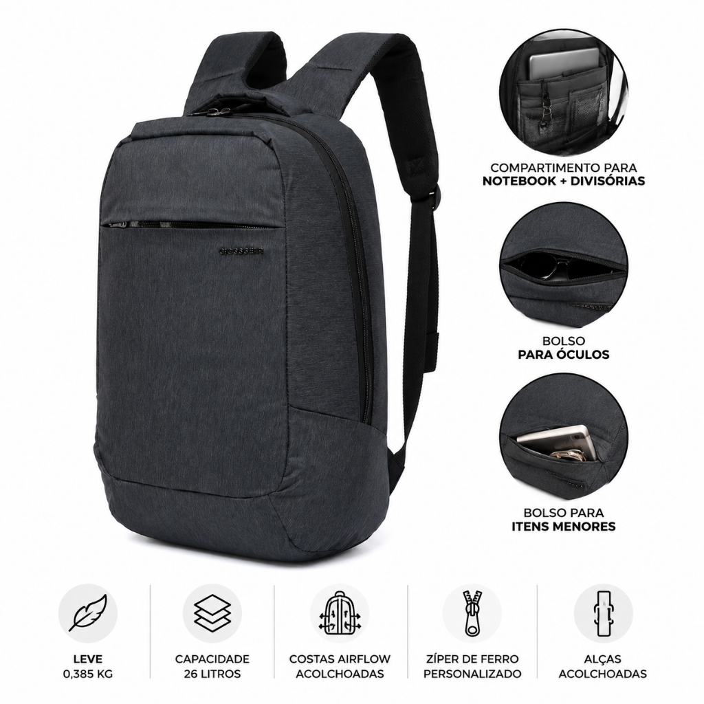 Crosswave Mochila Masculina Notebook 15.6" 26L Executiva com Compartimentos para Trabalho e Viagem