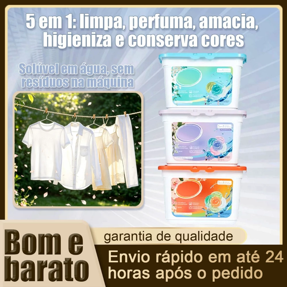 Cápsulas de Detergente Pureil 5 em 1 Limpeza Enzimática Solúvel em Água Fria Fragrância Duradoura Protege Cores