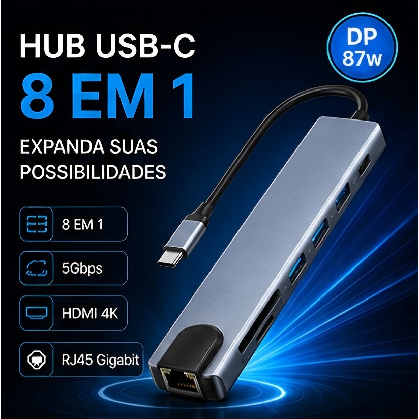 Hub USB C 8 Em 1 HDMI 4K RJ45 Gigabit USB 3.0 SD TF PD 100W Para Notebook MacBook