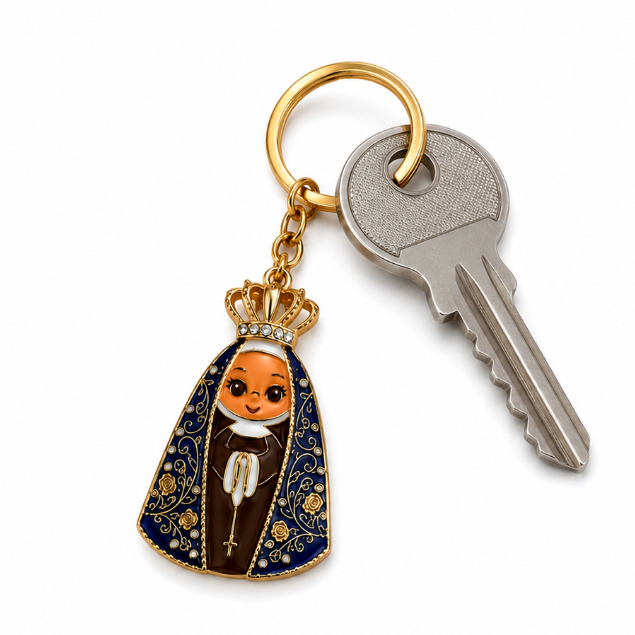 chaveiro Nossa Senhora Aparecida Infantil Metal Dourado Rosto Infantil Católico Presente Religioso
