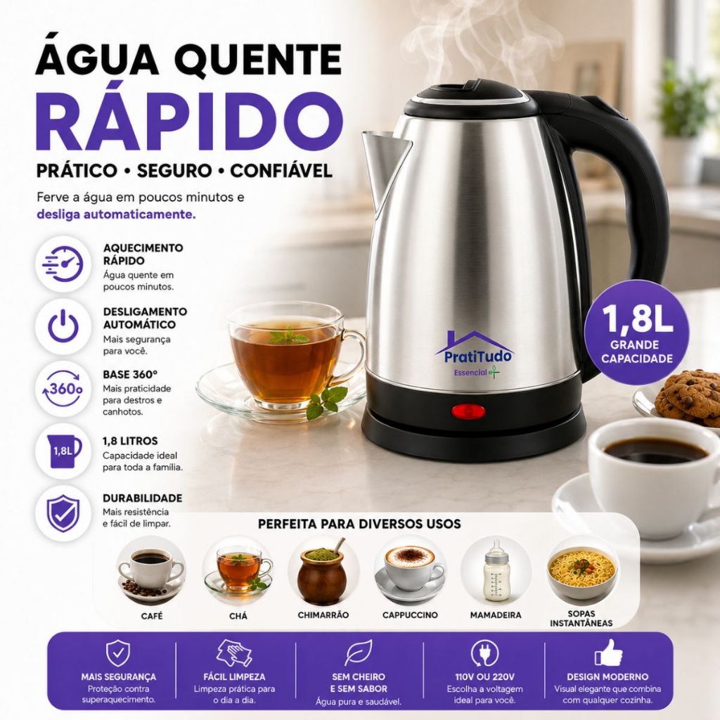 Chaleira Elétrica Inox 1.8L - Desligamento Automático - Ferve Rápido Água P/ Café Chá!