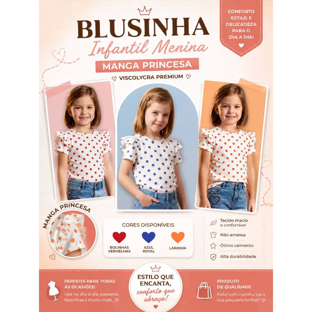Blusinha Menina Infantil com Bolinhas Elegante Manga Princesa Curta Em Viscolycra Premium