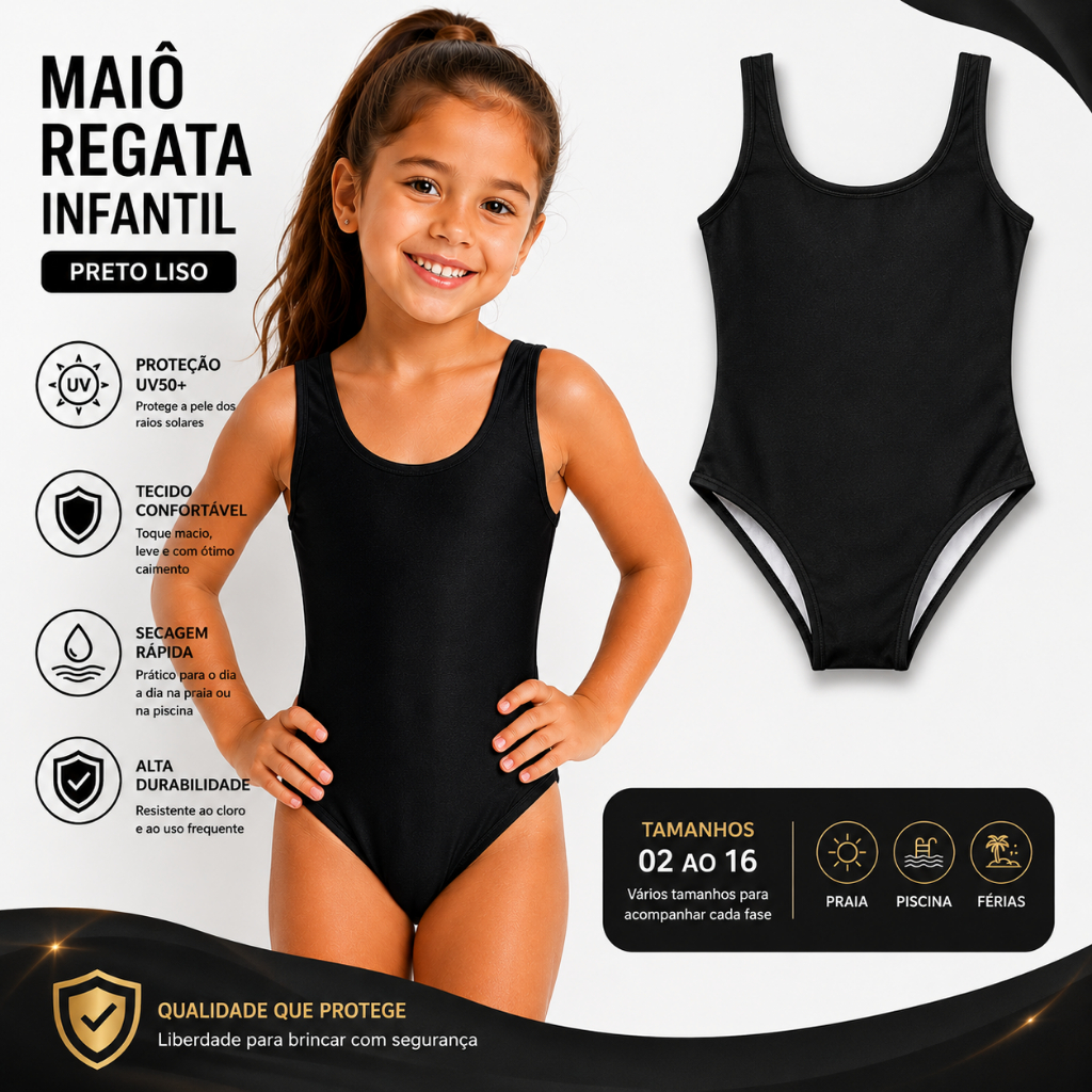 Maiô Infantil Juvenil Menina Feminino Traje de Banho Praia Piscina Natação Suplex Premium Liso Proteção UV50+