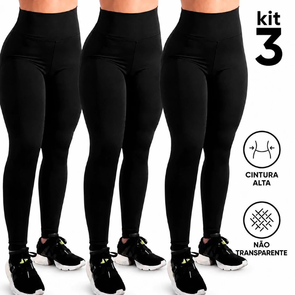 Legging Feminina Kit 3 Calça Suplex Grossa Zero Transparência Cós Duplo Cintura Alta Academia Preta — imagem 1