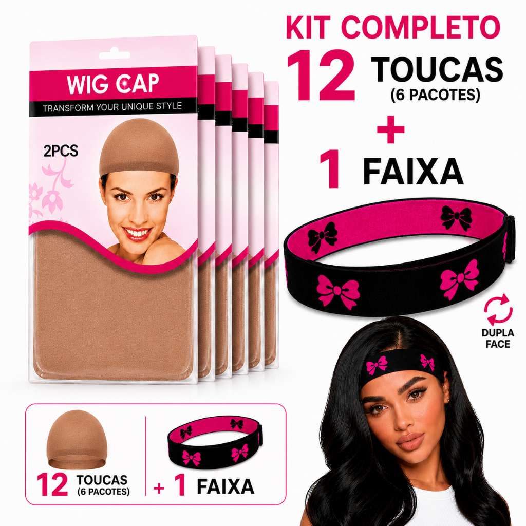 Kit 12 Toucas Para Peruca Wig Cap (6 Pacotes) + 1 Faixa Dupla Face Ajustável Com Velcro
