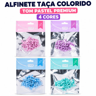 Alfinete Tipo Taça Colorido 50 Unidades LYKE Para Cortiça Mapa Painel Fixação Escritório Escolar Pastel