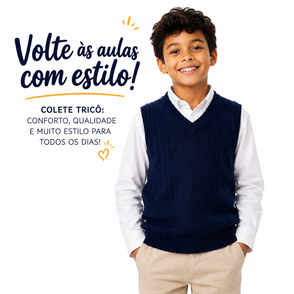 Colete De Tricot Juvenil Colegial / Masculino Premium – Varias Cores Disponíveis 2 Até 12 Anos