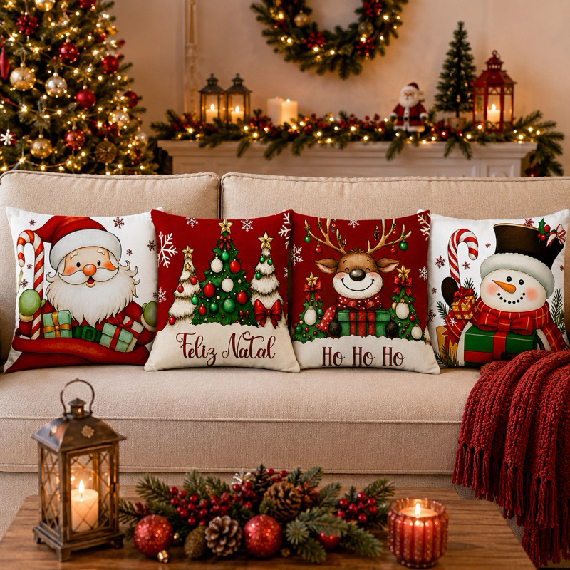 KIT 4 CAPAS DE ALMOFADAS DECORATIVAS NATAL PAPAI NOEL RENA  - TAMANHO 45X45