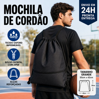 Mochila de Cordão Espaçosa Impermeável em Tecido Oxford com Bolso Frontal para Academia, Esportes e Viagens
