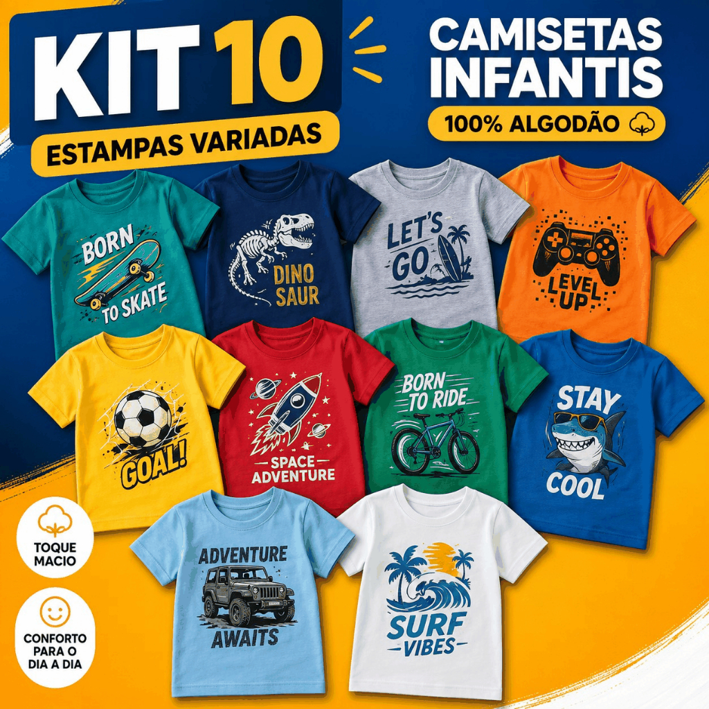 Kit com 10 Camisetas Estampadas Infantil para Meninos Versátil Confortável e Coloridas Criança