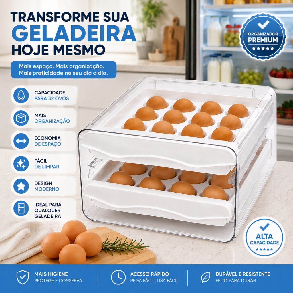 Gaveteiro Empilhavel Porta Ovos Organizador Geladeira 2 Andares Porta-Ovos Transparente 32ovos