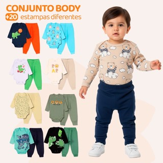 Kit 4 Peças de Roupas para Bebê Menino (2 Body Longo + 2 Calça Mijão) Kit 2 Body Roupa In…