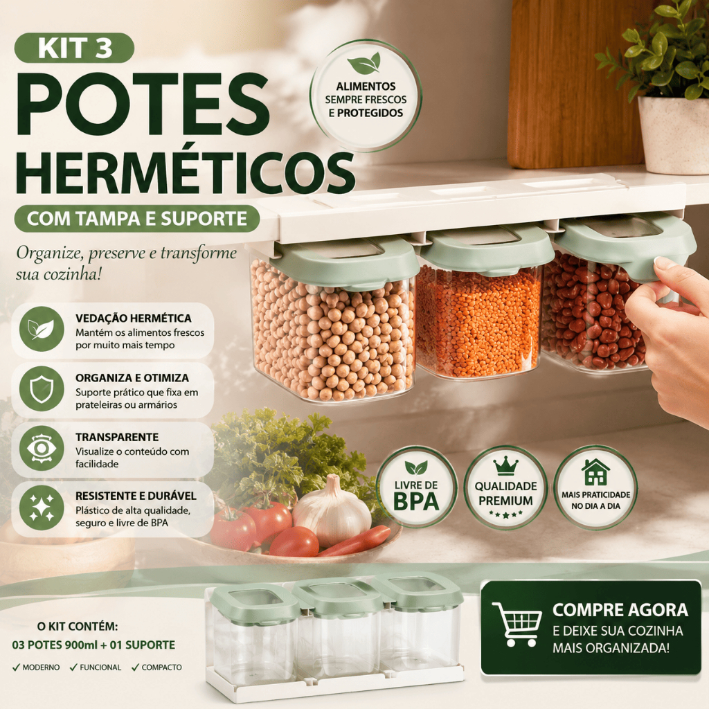 KIT 3 POTES HERMÉTICOS 900ML COM SUPORTE ORGANIZADOR TAMPA VERDE PORTA MANTIMENTOS COZINHA TRANSPARENTE