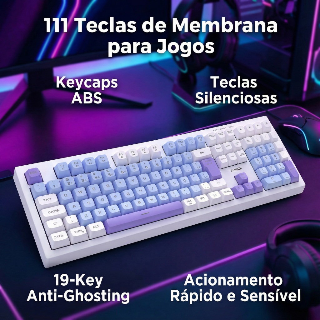 Teclado Silencioso Português Brasil 111 Teclas, Cabo Type-C Removível, Backlight Iluminado para Gamer e Escritório