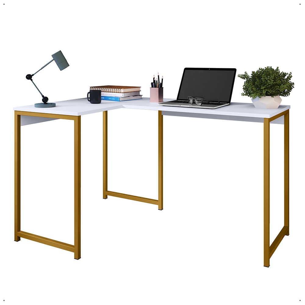 Mesa Em L Canto Portátil com Pés de Ferro Escrivaninha Estudo Home Office
