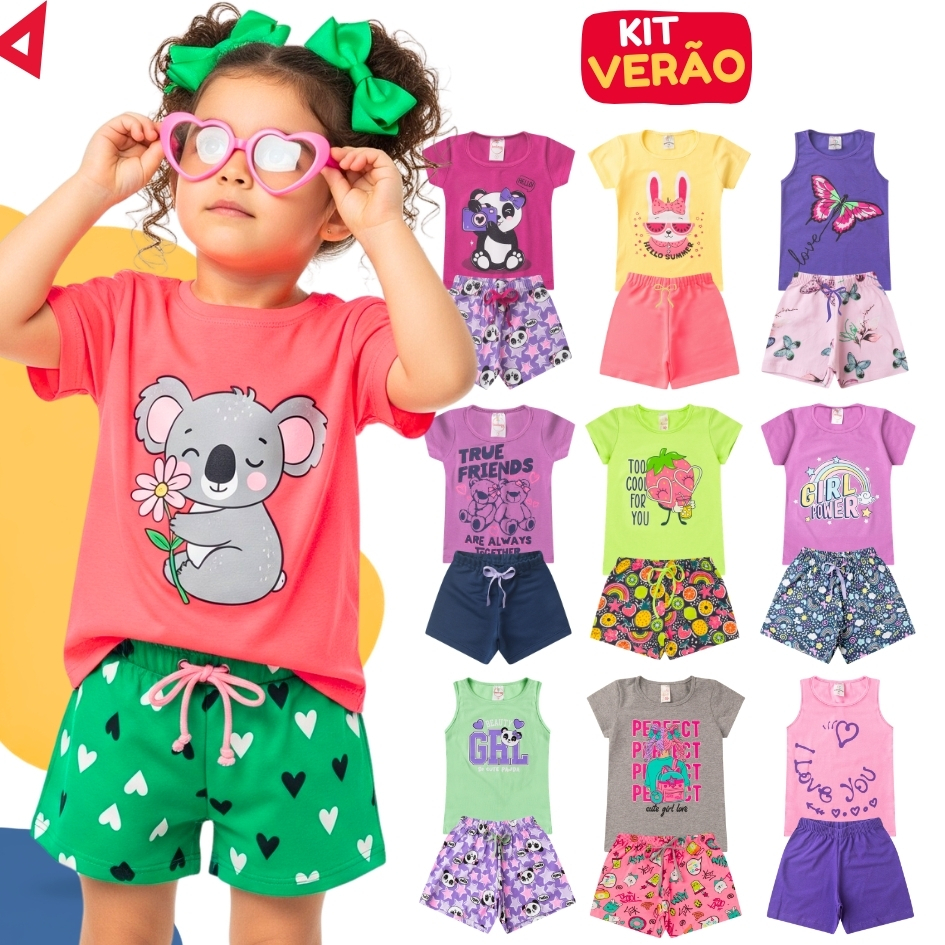 Kit 4 Peças Roupa Infantil Menina Conjunto Feminino Verão Algodão Tamanho 1 ao 1