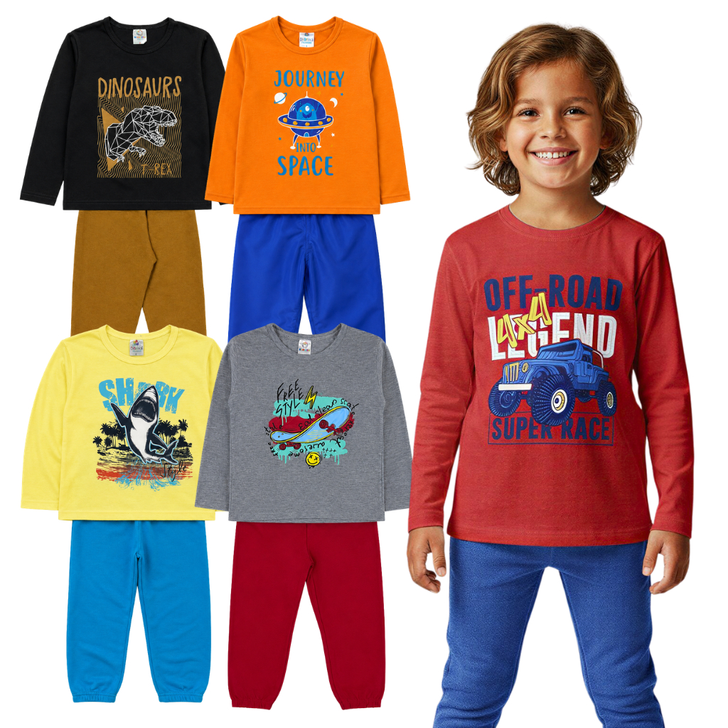 Kit 6 ou 4 Peças 3 ou 2 Conjunto Calça Blusa Manga Longa Menino Meia Estação Roupa Frio Inverno