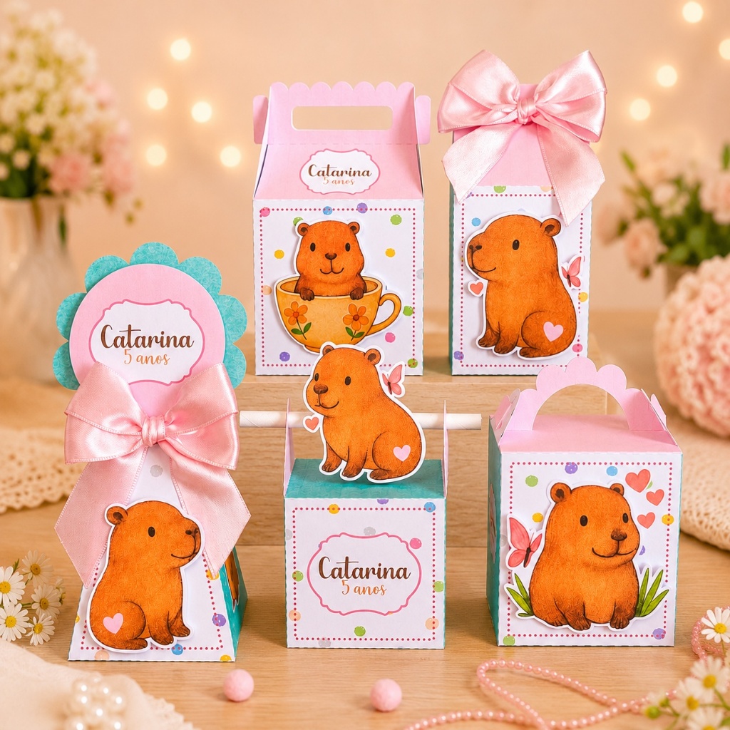 Kit Caixinha Personalizadas PEGUE E MONTE Capivara Menina Lembrancinhas Aniversário Infantil
