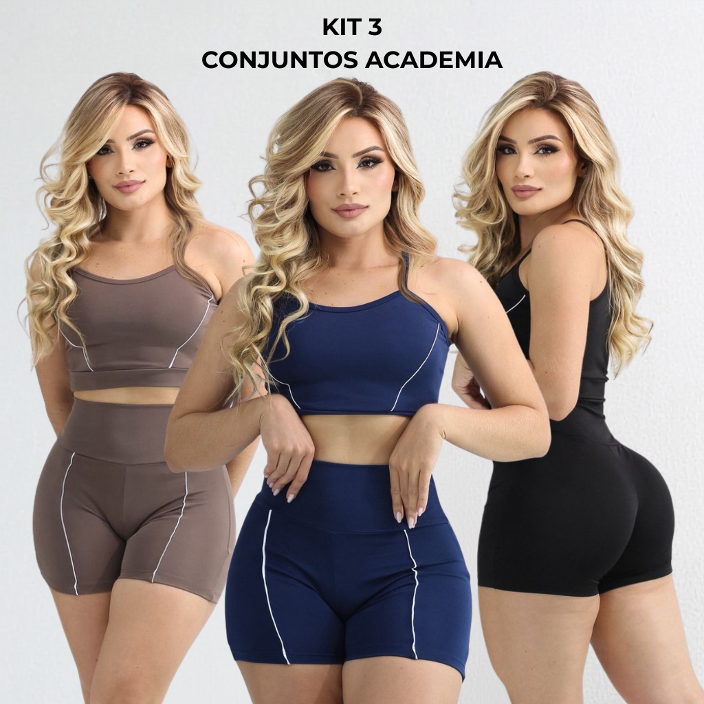 Kit 3 Conjuntos Fitness Feminino Modelador Academia Ginástica Short Cós Alto Friso Top Alcinha Suplex Premium