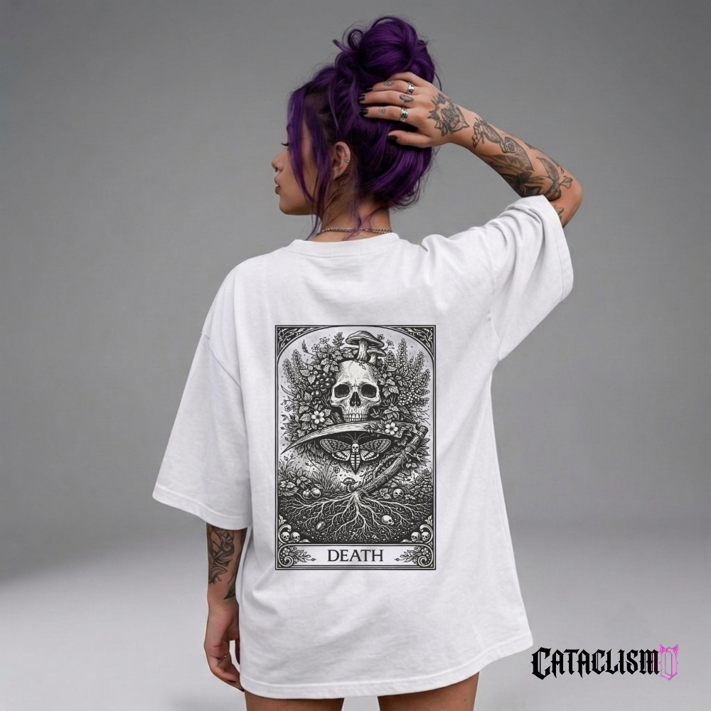 Camiseta Oversized Feminina Branca Esotérica Tarot Death Streetwear Algodão Penteado