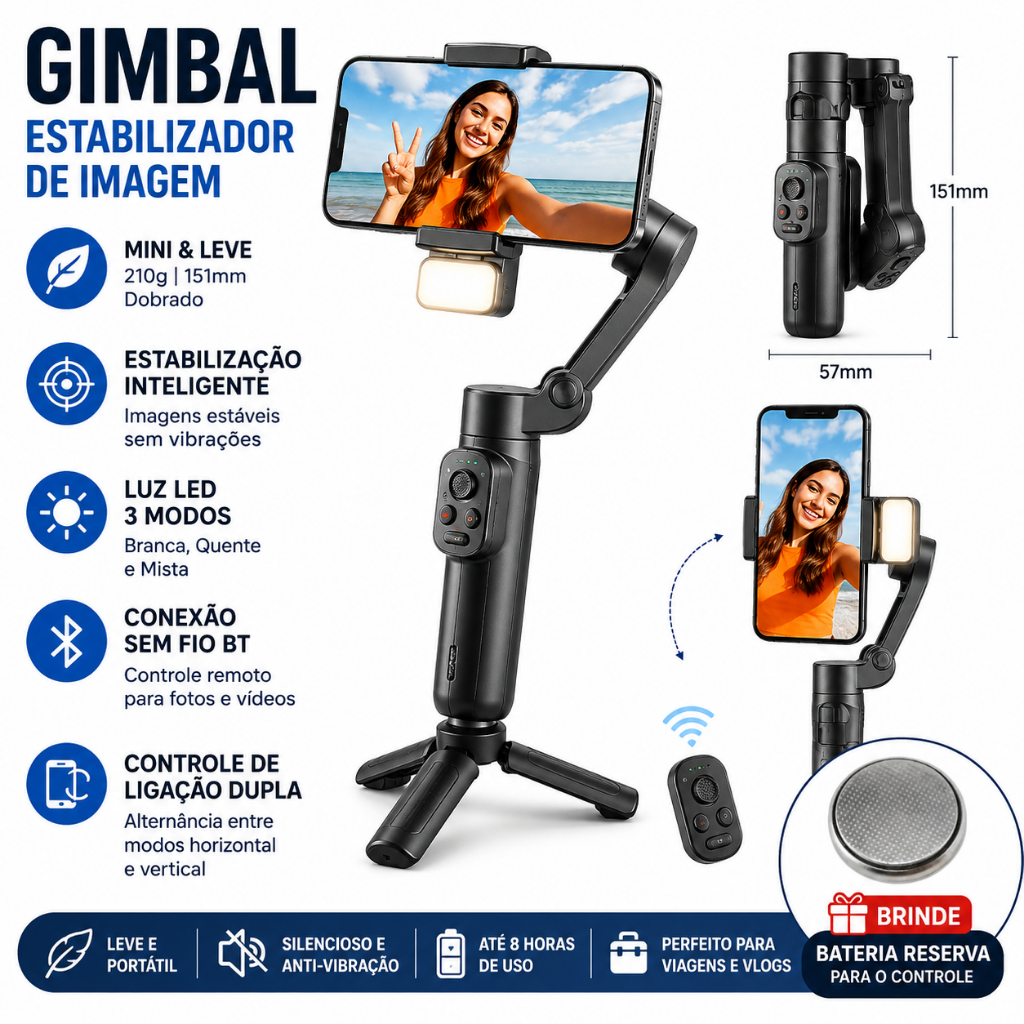 Estabilizador Fotos E Vídeos Profissional celular android iphone Mini Gimbal L09 com controle e led