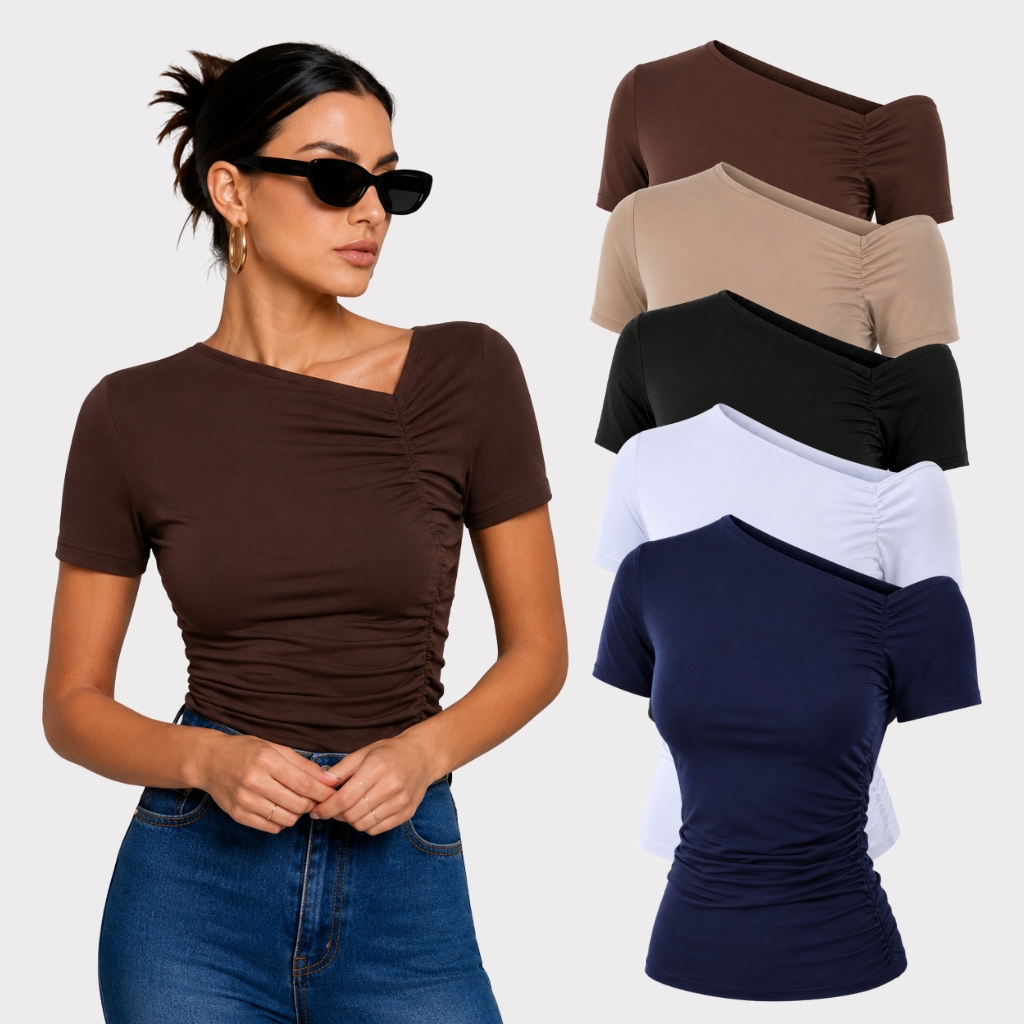 Blusa Manga Curta Assimétrica Moda Gringa Suplex Modelador Tendência Primavera Verão