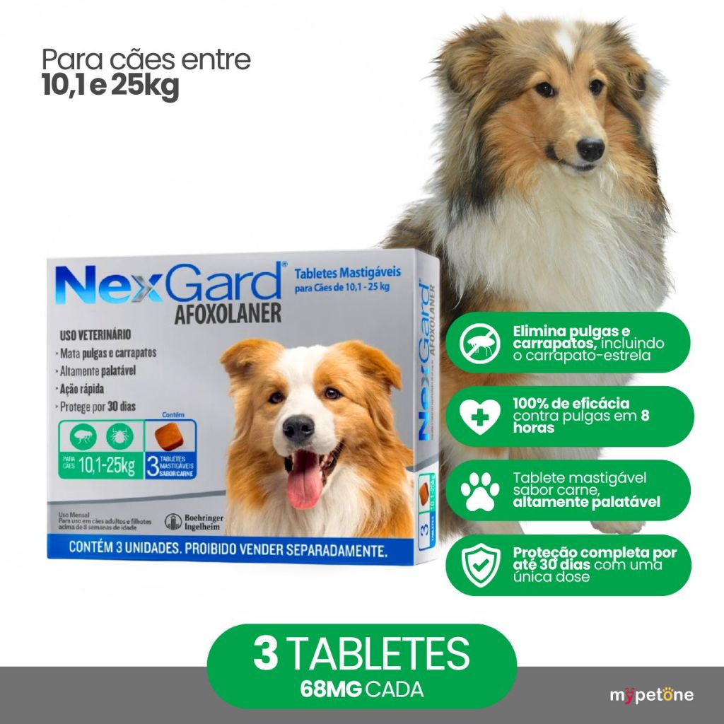 NexGard 68 mg para Cães de 10,1 a 25 Kg - 3 Tabletes