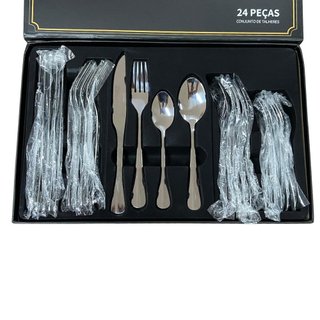 Conjunto de Talheres Inox Luxo Alto Padrão – 24 Peças  Jantar Almoço Sobremesa
