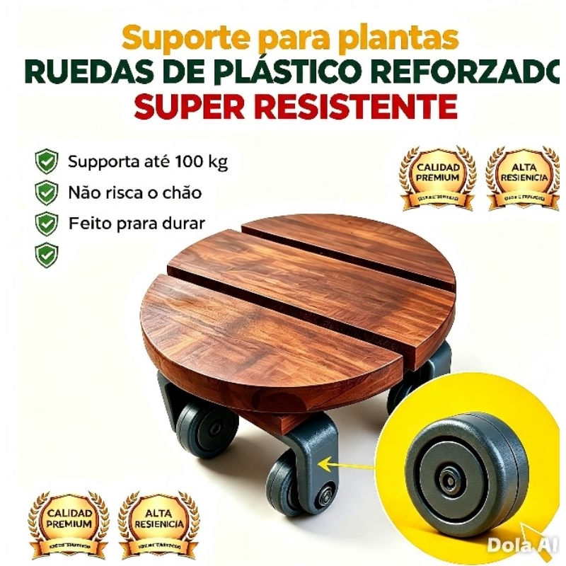 Suporte para Vaso de Planta Redondo com Rodinhas Madeira Maciça Rústica - Carrinho para Vasos