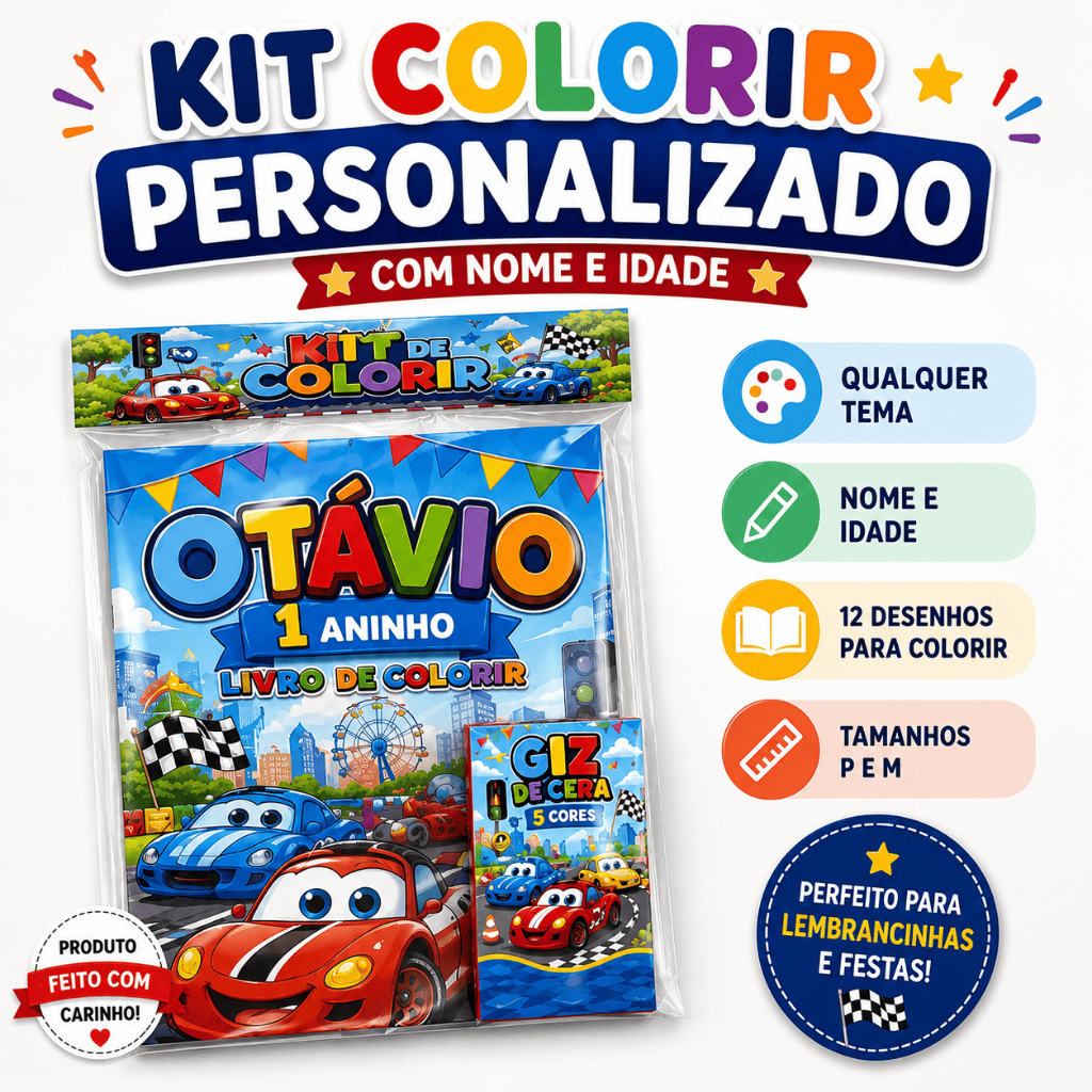 Kit Livro de Colorir Personalizado Lembrancinha Aniversário Infantil | Qualquer Tema | Nome e Idade | Livro + Mini Giz