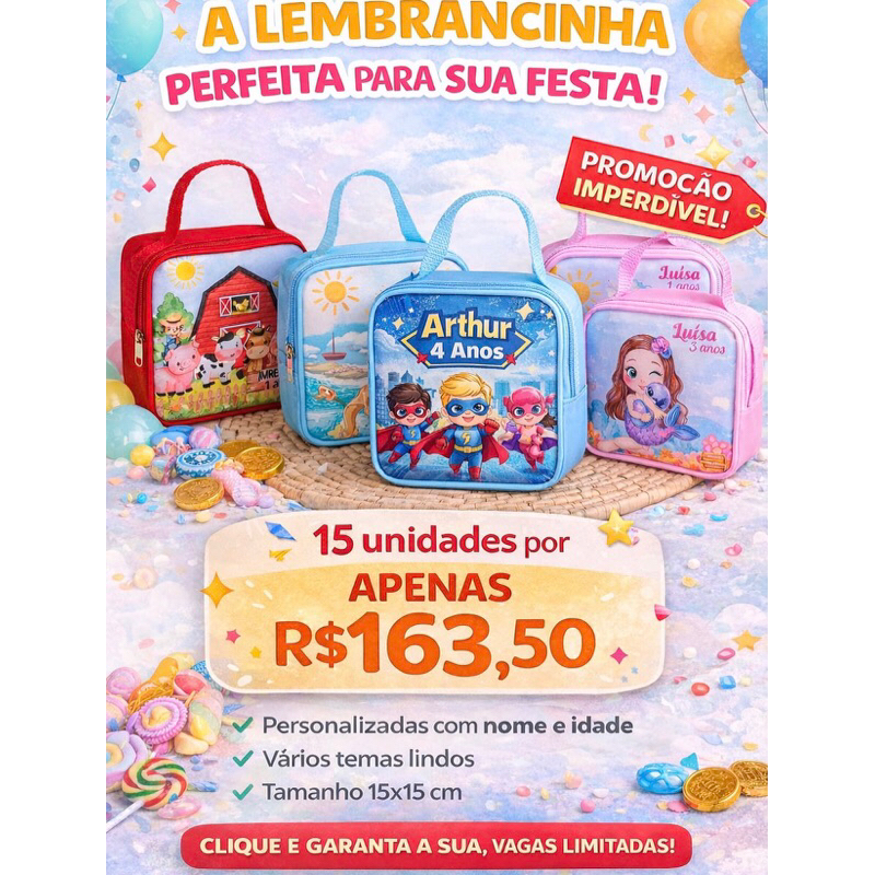 Maleta Personalizada 15x15 cm | Lembrancinha de Aniversário Infantil | Qualquer Tema | Com Nom