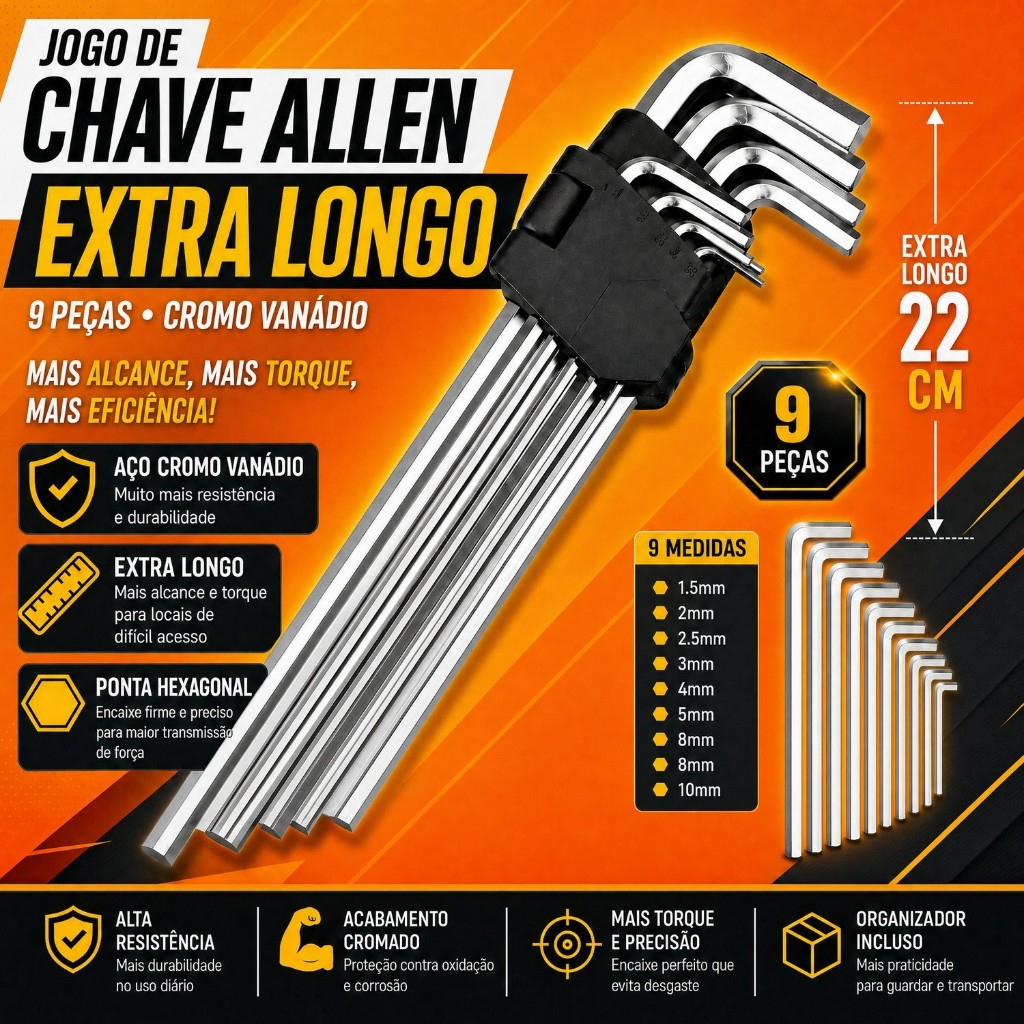 Kit Jogo 9 Chaves Allen Hexagonal L EXTRA Longa 1,5 a 10mm Aço Cromo Vanádio + Suporte PROFISSIONAL